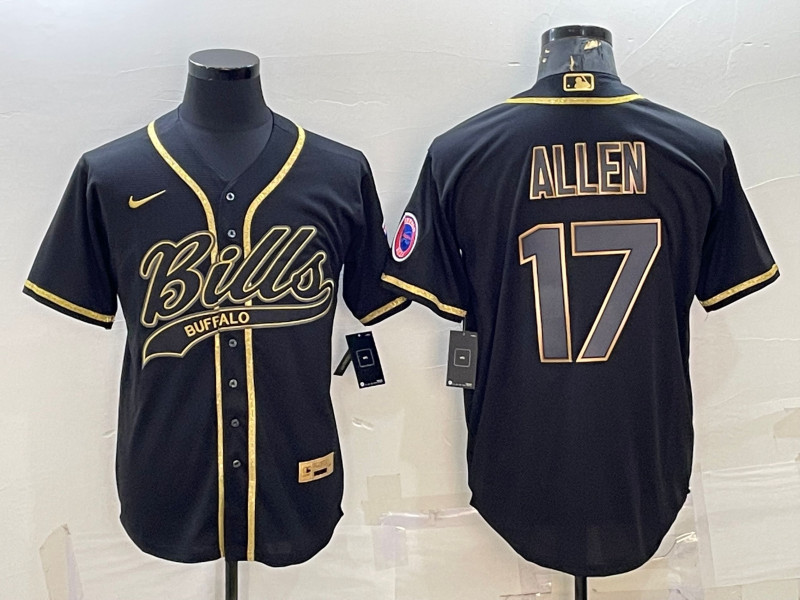 Men's Buffalo Bills #17 Josh Allen Black Gold Edition With Patch Cool Base Stitched Baseball Jersey